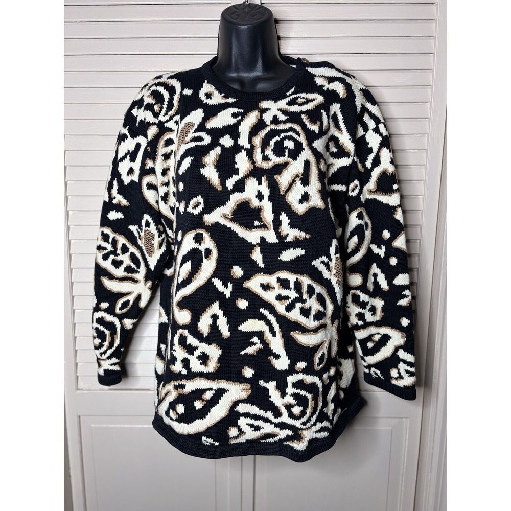 Chai's Black/Tan Animal Print Crew Neck Sweater Long Sleeve Size Large Thick
